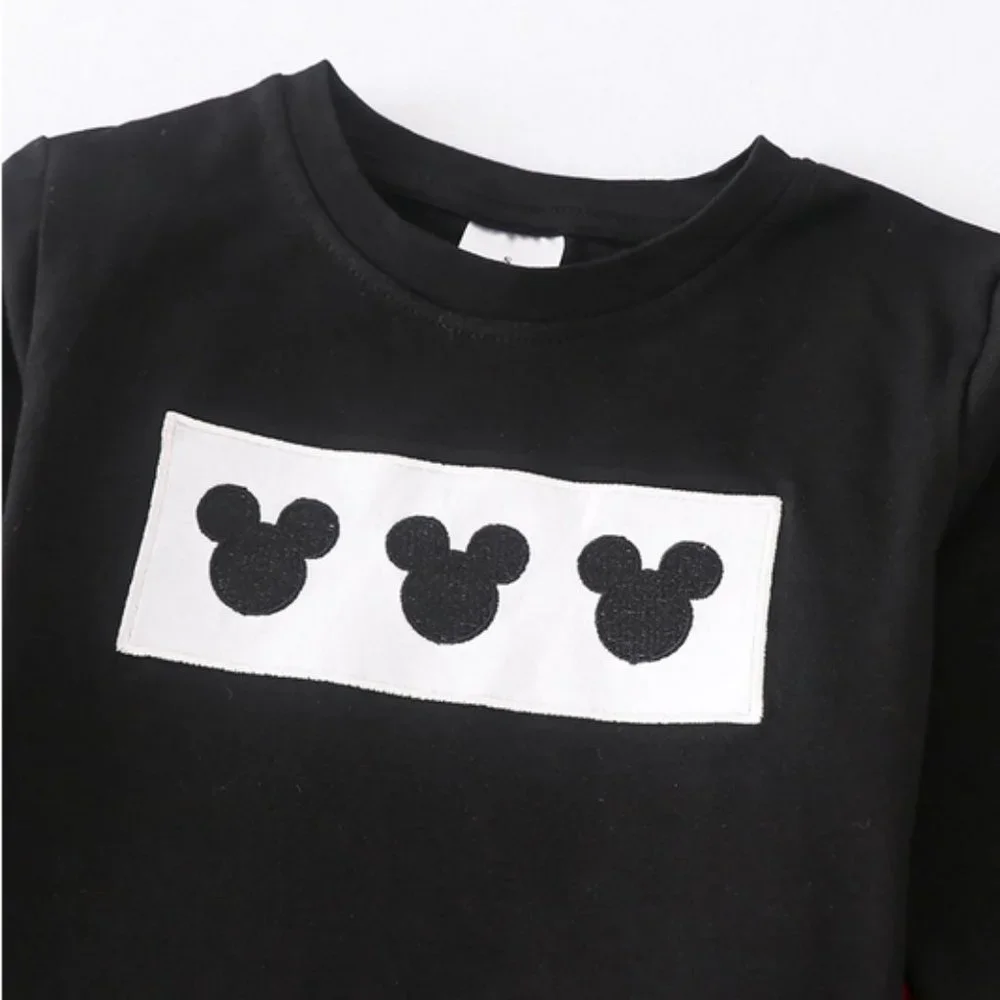 Boutique Mickey Mouse Boys Embroidered Panel Shirt Plaid Pants Outfit Set